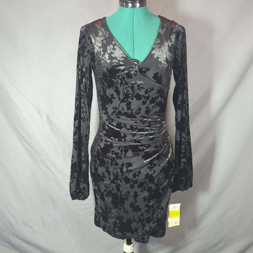 Rewind XS Black Velvet Burnout Floral Whimsigoth Ruched Mini Dress NWT